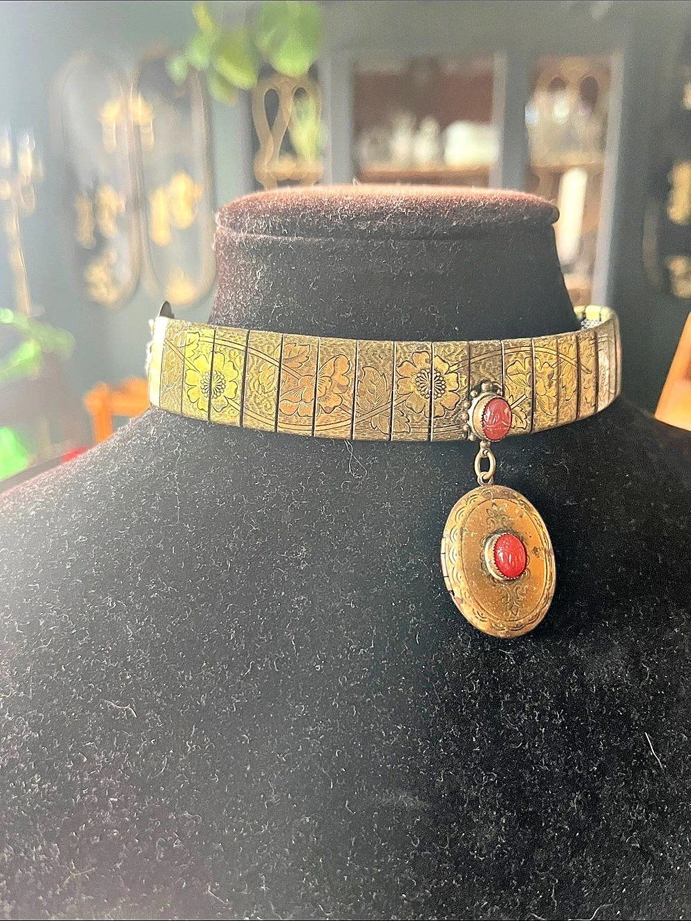 Vintage Egyptian Revival Scarab Locket Choker Brass Filigree Statement Necklace
